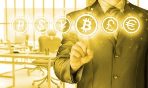 Choosing bitcoins, businessman pressing touch screen button.