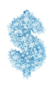 Dollar sign , frosty blue snowflakes alphabet on white background